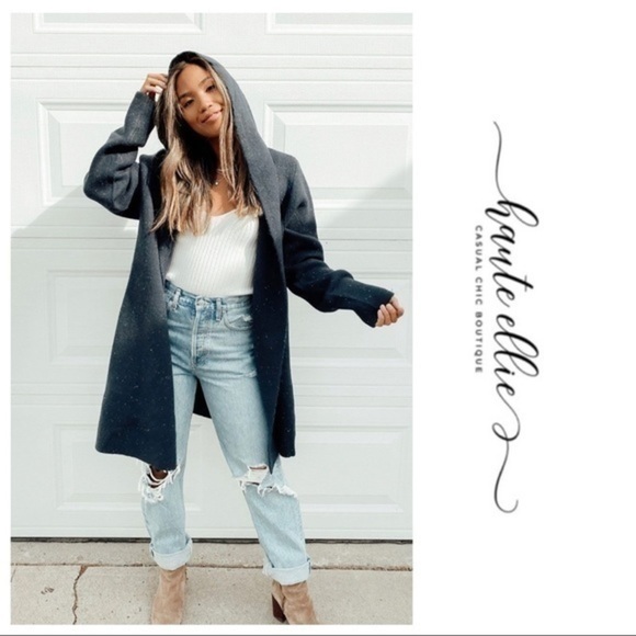 Haute Ellie Sweaters - JULES-Speckled Navy Wide Lapel Hooded Coatigan